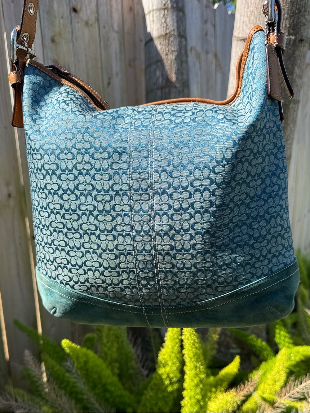 Vintage Coach Soho Signature C Shoulder Bag Blue Teal Jacquard Y2K Rare Color - Picture 2 of 12